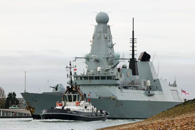 HMS Diamond is currently deployed in the Red Sea alongside HMS Lancaster and other vessels. Pictured is the Type 45 destroyer sailing past the Round Tower in Portsmouth. Picture: LPhot Henry Parks