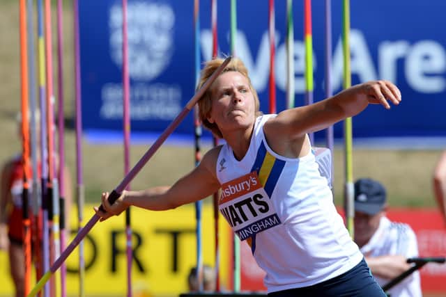 Katy Watts throws the javelin during the British Championships in 2013. Pic: John Giles, PA
