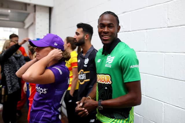 Jofra Archer wearing Southern Brave colours at the official launch of The Hundred last October.Picture: Charlie Crowhurst/Getty Images for ECB.