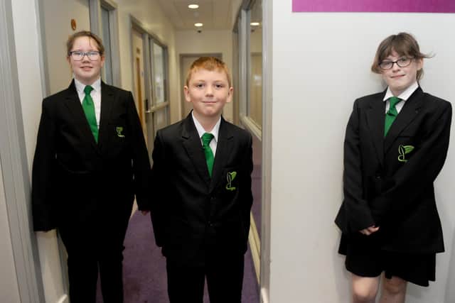 (l-r) Pupils Esme Temple,11, Oliver Brown,11, and Angel Drain,11, are all excited to be back in school.

Picture: Sarah Standing