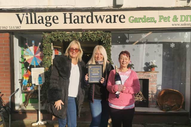 MP Caroline Dinenage with Liz Edmunds and employee Kim at the Alverstoke Village Hardware store