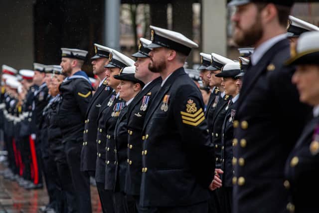 Royal Navy Freedom of the City parade in Portsmouth on Friday 11th March 2022Pictrued: Sailors of Portsmouth Naval Base at Guildhall Walk, PortsmouthPicture: Habibur Rahman