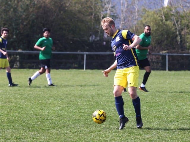 Action from the Challenge Cup clash between Pelham Arms (blue/yellow kit) and FFTP (green and black kit). Picture: Sam Stephenson