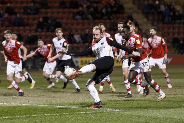 Connor Ogilvie unleashes his superb volley at Crewe. Photo by Daniel Chesterton/phcimages.com)