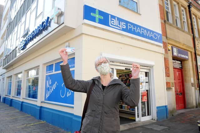Portsmouth are set to reach 100,000 vaccines given out in the city and The News, Portsmouth, visited Laly's Pharmacy in Guildhall Walk, Portsmouth.
Pictured is: Angela Burbeck (49) from Fareham.
Picture: Sarah Standing (220421-7050)