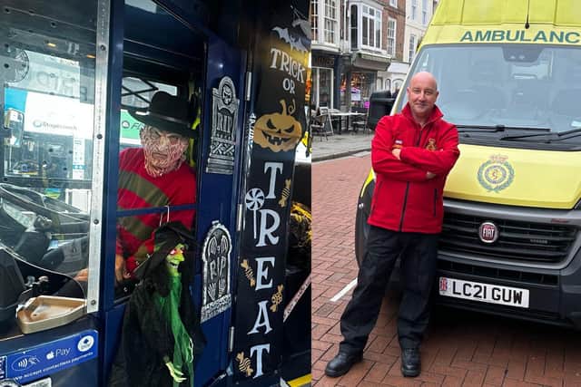 Ewout dressed up on Halloween Bus and stood in front of ambulance