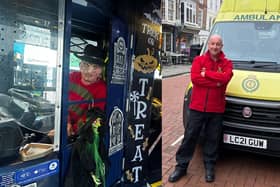Ewout dressed up on Halloween Bus and stood in front of ambulance