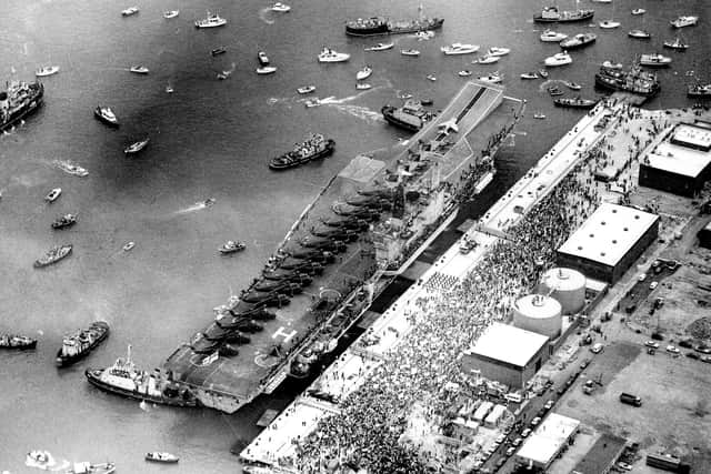HMS Hermes returns to Portsmouth from the Falklands in July 1982. The News PP624