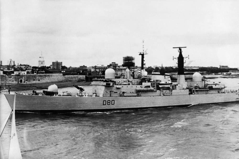 A 1980 photo shows HMS Sheffield of the Royal Navy. The destroyer was hit and sunk by an Exocet missile fired from an Argentinian land-based Super Etendard fighter bomber 04 May 1982 during Falklands (Malvinas). The Argentine government on December 05, 2003 said Britain has admitted that nuclear weapons were on some navy vessels.