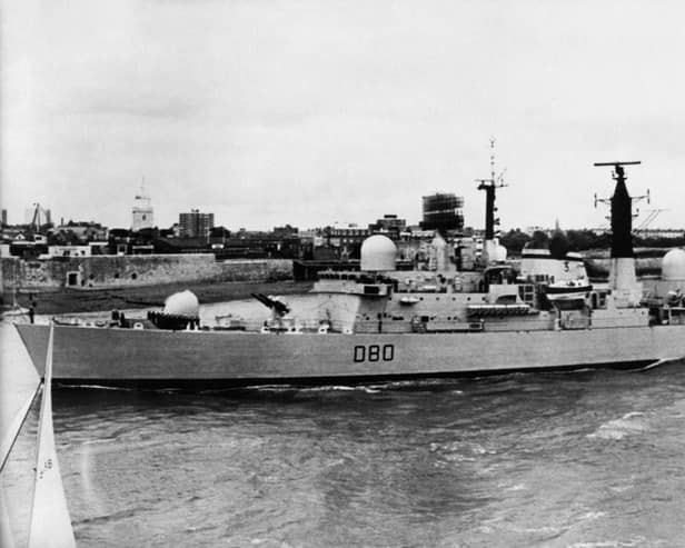 A 1980 photo shows HMS Sheffield of the Royal Navy. The destroyer was hit and sunk by an Exocet missile fired from an Argentinian land-based Super Etendard fighter bomber 04 May 1982 during Falklands (Malvinas). The Argentine government on December 05, 2003 said Britain has admitted that nuclear weapons were on some navy vessels.