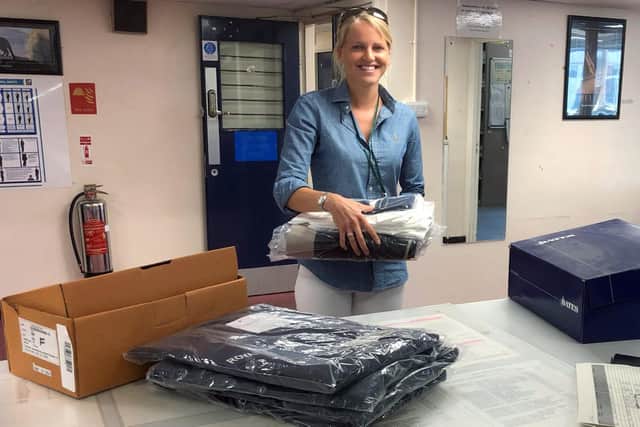 Medical Assistant Jordan Holland, 29, has rejoined the Royal Navy to help in the battle against Covid-19. Here she is pictured picking up her uniform from HMS Nelson in Portsmouth.