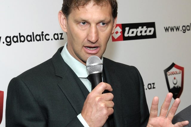 Tony Adams became the manager of FC Gabala, in Azerbaijan, in May 2010. He left his post in November 2011 for family reasons. Pictured is Adams at a press conference in May 2010, in Baku. Picture: STR/AFP via Getty Images.