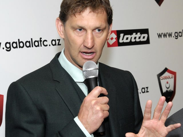 Tony Adams became the manager of FC Gabala, in Azerbaijan, in May 2010. He left his post in November 2011 for family reasons. Pictured is Adams at a press conference in May 2010, in Baku. Picture: STR/AFP via Getty Images.