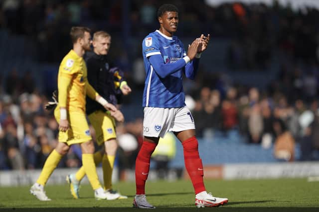 Pompey new boy Kusini Yengi salutes fans after his late goal against Bristol Rovers today. Pic: Jason Brown.