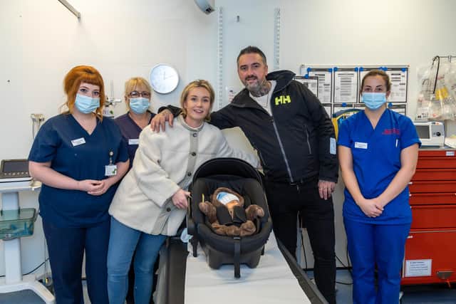 Proud parents with the staff who helped with the delivery. Pictured: Connie Cassidy, Janine Andrade, mum Jess Vincent with baby Miley Joe, dad Joe Lockhart and Sophie Everett. Picture: Mike Cooter (030322)