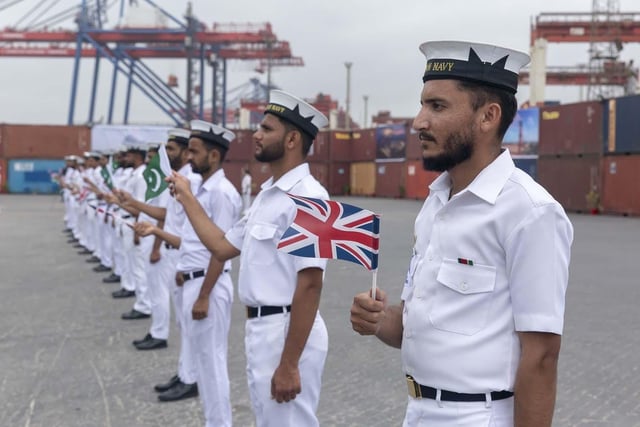 Pakistani sailors welcome HMS Lancaster to Karachi. Picture: Royal Navy.