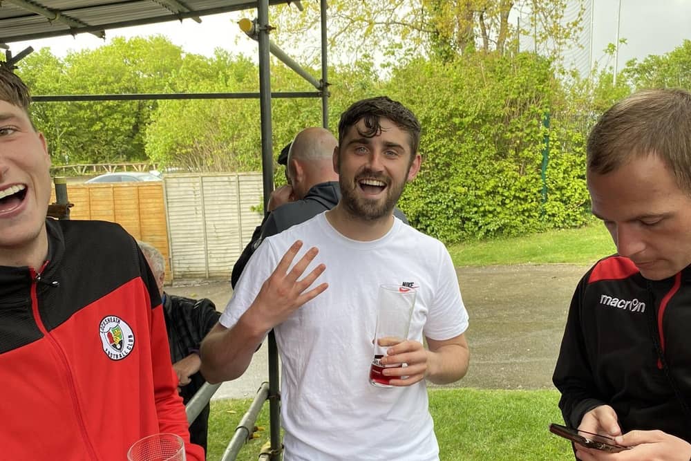 Locks Heath striker Jordan Whiteley celebrates his four goals against Infinity after the game. Pic: Locks Heath FC.