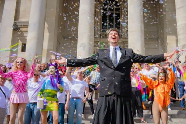 Singer Bradley Jago on Guildhall steps for the Downtown Pompey finale