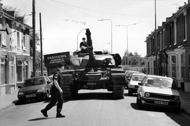 A 55-ton Chieftan tank squeezes along Island View Terrace, Stamshaw, Portsmouth, 1993. The News PP5261