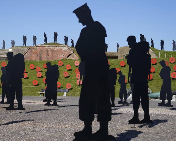 The outdoor installation features life-size silhouettes of the 258 military personnel and civilians who lost their lives in the Falklands Conflict. Photo credit should read: Andrew Matthews/PA Wire