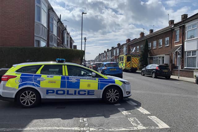 Police and an ambulance in St Augustine Road in Southsea after a head-on crash at around 10.38am. Picture: Ben Fishwick