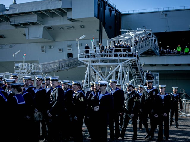 Sailors disembarking the 65,000 tonne warship. Picture: Habibur Rahman