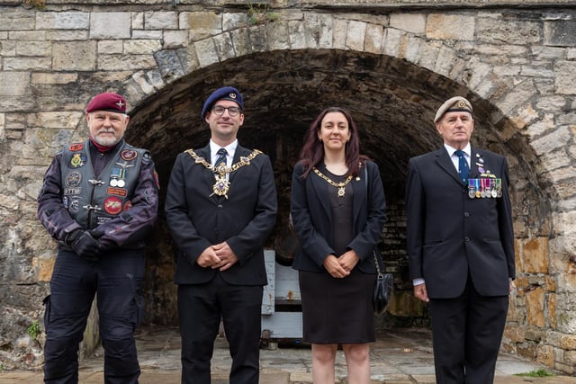 Attendees at the Falklands Memorial Service at Old Portsmouth. Pictured: Vic Thorne (Airborne Forces Riders), Councillor Tom Coles (Lord Mayor of Portsmouth) Nikki Coles (Lady Mayoress of Portsmouth) and Michael May (Royal British Legion).
