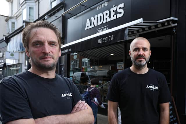 Business partners Andre Guedeney, left, and Antony Aguado-Navarro are facing a shortage of staff to run their two shops. Andre’s, Osborne Rd, SouthseaPicture: Chris Moorhouse (jpns 190821-06)