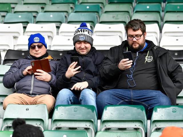 Portsmouth fans ahead of the EFL Sky Bet League 1 match between Plymouth Argyle and Portsmouth at Home Park, Plymouth, England on 11 February 2023.