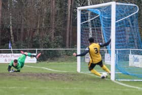Baffins Milton Rovers' Rudi Blankson makes a goalline clearance. Picture: Steve Gilbert