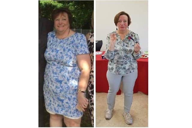 Pictured left is the image which encouraged Cindy to lose weight, and right is Cindy when she no longer needed to inject with insulin