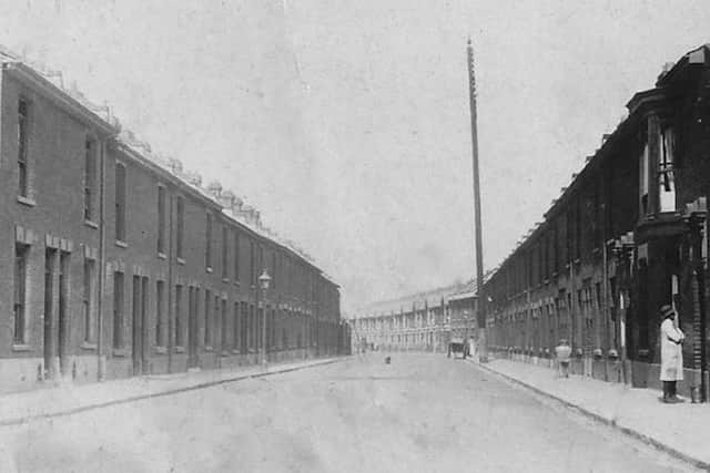 A marvellous view looking west along Newcomen Road, Stamshaw, about 1920. Any idea what the enormous pole was for? Picture: David Gardener collection.