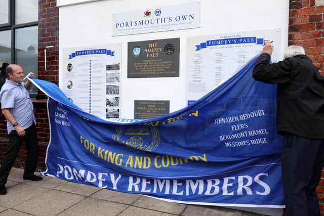 Unveiling of the new Pompey Pals information boards and new memorial to fallen Pompey players outside The Old Pompey Pub, Carisbrooke Road, Fratton
Picture: Chris Moorhouse (jpns 030922-16)