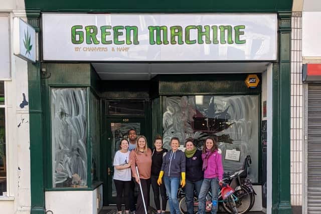 Volunteers Connie Fenner, Agnivesh Sathasivam, Ashleigh Edwards, Sammy Higgs, Ella Lawson, Esther Rodriguez Perez and Delphine Laveyne outside their new unit for the Package Free Larder in Elm Grove, Southsea.