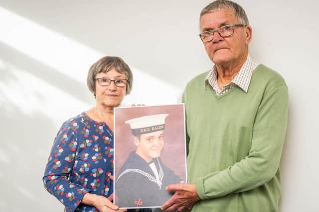 Margaret Parkes and her husband Dave Parkes with a picture of their son Simon Parkes who vanished aged 18 on December 12 in 1986 in Gibraltar. Picture: Habibur Rahman