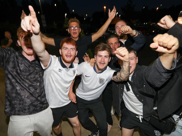 Celebrations at full-time. Fans watch Netherlands v England, UEFA Euros 2024 semi-final played in Dortmund, at Village Hotel, Lakeshore Drive, CoshamPicture: Chris  Moorhouse (100724-114)