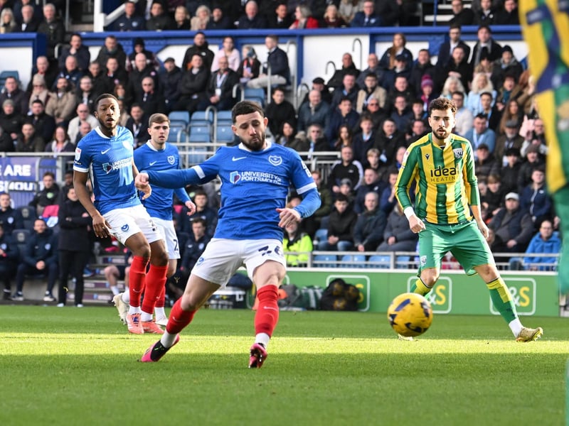 Conor Chaplin fires an early chance wide in Pompey's clash with West Brom. Picture: Graham Hunt/ProSportsImages