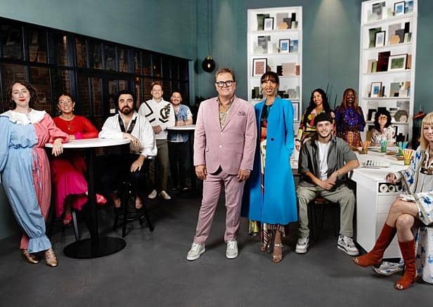 The contestants in the new series of Interior Design Masters with Alan Carr and Michelle Ogundehin (centre) (Picture: BBC/Darlow Smithson Productions)