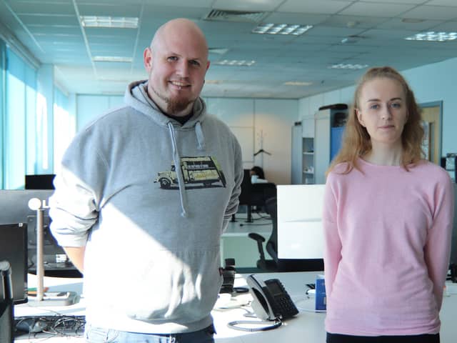 Head of service delivery at Transalis Huw Davies and Chloe Boulton, 23, who joined the company in January and is completing an infrastructure technician apprenticeship