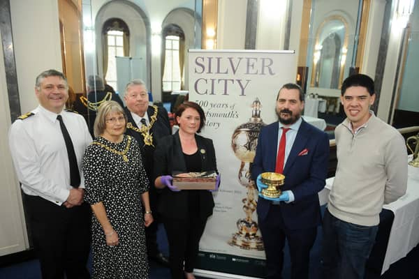 500 yPictured is: (l-r) Commodore Jeremy Bailey, Lady Mayoress of Portsmouth Joy Maddox, The Lord Mayor of Portsmouth Cllr. Frank Jonas, co-curators Susan Ward and James Daly, and Culture, Leisure and Economic Development, Cllr Ben Dowling.
Picture: Sarah Standing (010322-27)
