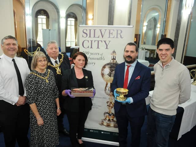 500 yPictured is: (l-r) Commodore Jeremy Bailey, Lady Mayoress of Portsmouth Joy Maddox, The Lord Mayor of Portsmouth Cllr. Frank Jonas, co-curators Susan Ward and James Daly, and Culture, Leisure and Economic Development, Cllr Ben Dowling.
Picture: Sarah Standing (010322-27)