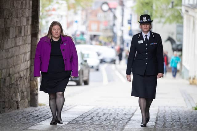 New Police and Crime Commissioner for Hampshire Donna Jones (left) during a walkabout with Hampshire Police Chief Constable Olivia Pinkney in Winchester Picture: Andrew Matthews/PA Wire