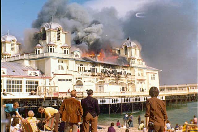Picture from album of Norman and June Jones, extras in Tommy, showing South Parade Pier on fire, June 1974.
