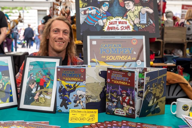 Artist Bal Stephenson, 34, based in Albert Road, with his Captain Pompey comic