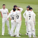 James Anderson, second left, is congratulated after dismissing Hampshire skipper James Vince during day two of the LV= Insurance County Championship match at The Ageas Bowl. Photo by Warren Little/Getty Images.