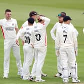 James Anderson, second left, is congratulated after dismissing Hampshire skipper James Vince during day two of the LV= Insurance County Championship match at The Ageas Bowl. Photo by Warren Little/Getty Images.