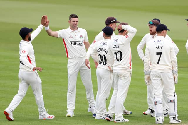 James Anderson, second left, is congratulated after dismissing Hampshire skipper James Vince during day two of the LV= Insurance County Championship match at The Ageas Bowl. Photo by Warren Little/Getty Images.