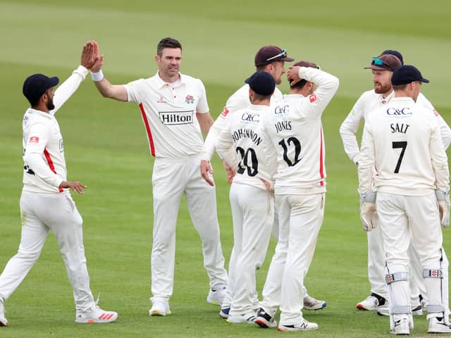 James Anderson, second left, is congratulated after dismissing Hampshire skipper James Vince during day two of the LV= Insurance County Championship match at The Ageas Bowl. Photo by Warren Little/Getty Images.