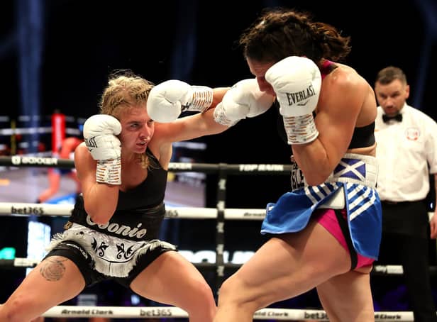 Ebonie Jones lands a left hand in her super-bantamweight contest draw with Effy Kathopouli in Glasgow Picture: Steve Welsh/PA Wire
