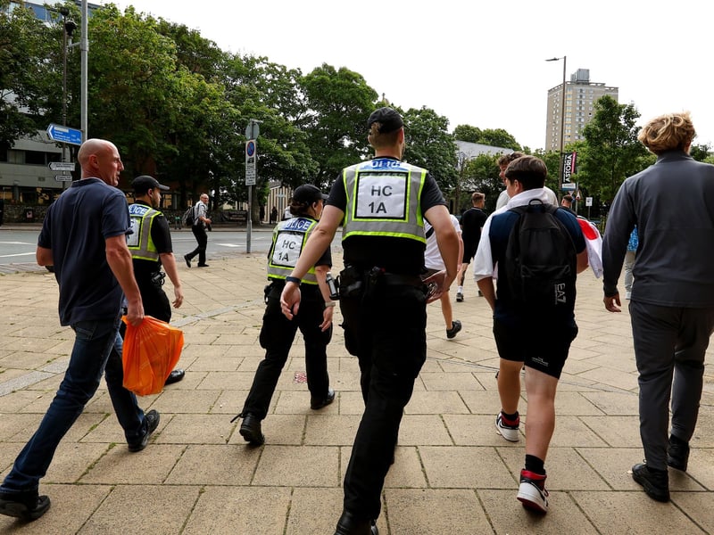 Protestors at Guildhall Square, Portsmouth. Picture: Chris Moorhouse (030824-47)